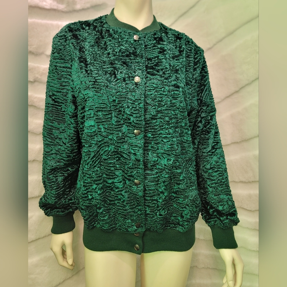 Furamur Green Faux Fur Bomber Stretch Waist Snap Buttons Jacket Size Large